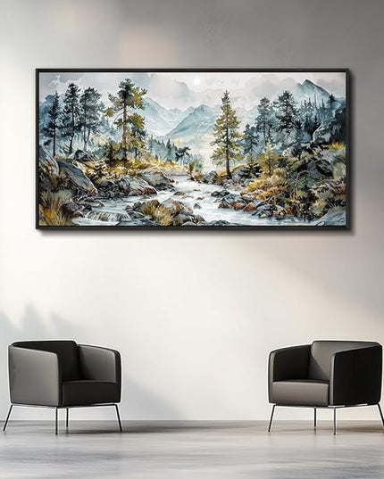 PHAOHUAXM Large Canvas Printing Artworks Wall Art For Bedroom Wall Decor For Living Room Office Home Decor Rivulet View Painting Forest Tree Landscape Watercolour Pictures Black Framed 30x60 In