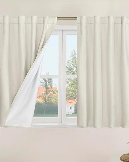 LAMIT 100% Blackout Short Linen Curtains for Cafe, 40 Inch Length Linen Textured Thermal Curtains Back Tab and Rod Pocket Neutral Panels with White Liner for Bedroom, 2 Panels, 34 x 40 Inch, Ivory