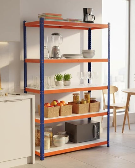 Heavy Duty Storage Shelving Unit, 5-Tier Metal Rack, Blue and Orange Iron Frame, 70.8x35.4x15.7 Inches, Multipurpose Organization for Garage, Kitchen, Office