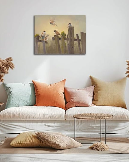 Bird Wall Art Birds Flying on The Wooden Fence Painting Decor Farmhouse Birds Canvas Art Print Pictures for Living Room Kitchen Home Office Decorations 24x32 inch