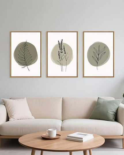 HOURIA Sage Green Leaves Framed Canvas Wall Art Set,Minimalism Boho Leaf Wall Decor, Modern Nature Botanical Wall Painting,Mid Century Plant Art Prints for Living Room,Bedroom,Farmhouse-24 x36 x3