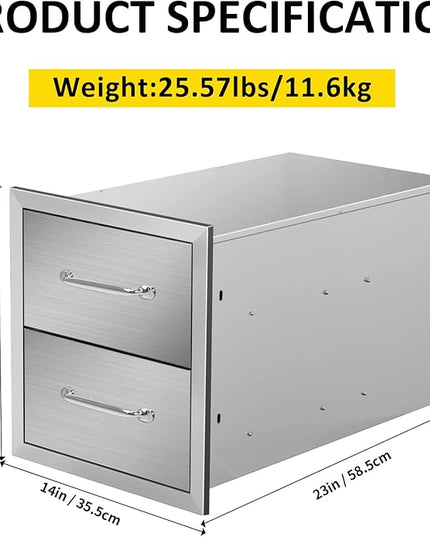 Outdoor Kitchen Drawers 14" W x 15" H x 23" D Flush Mount Double BBQ Drawers with Chrome Handle Stainless Steel Drawer for Outdoor Kitchen Island, Patio Grill Station