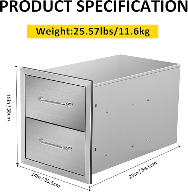 Outdoor Kitchen Drawers 14" W x 15" H x 23" D Flush Mount Double BBQ Drawers with Chrome Handle Stainless Steel Drawer for Outdoor Kitchen Island, Patio Grill Station