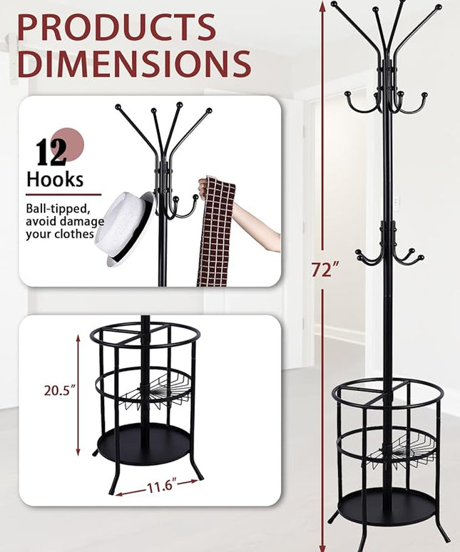 Metal Coat Rack, Freestanding Coat Rack Stand with Umbrella Holder, Coat Tree with 12 Hooks for Clothes Hats Bags, Modern Coat Hanger Stand for Entryway Living Room Bedroom Office Use, Black