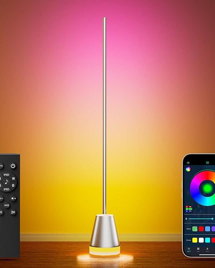 Keepsmile Smart RGB LED Corner Floor Lamp, Bright Standing Lamps for Living Room with APP and Remote,Modern Floor Lamp with Music Sync and 16 Million Colors, Ambient Light for Bedroom Silver