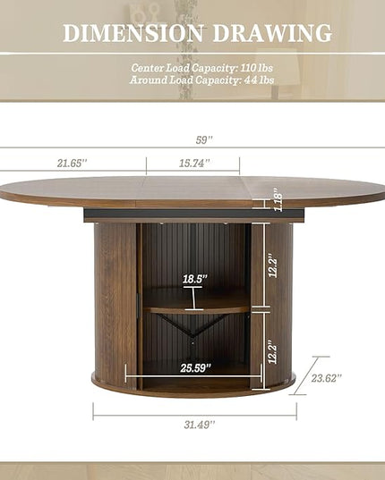 Oval Extendable Dining Table with Storage,59" Storage Kitchen Table for 4-8 People with Curved Sliding Door Fluted Wood Coffee Table Thickened Tabletop for Dining Room/Kitchen,Brown