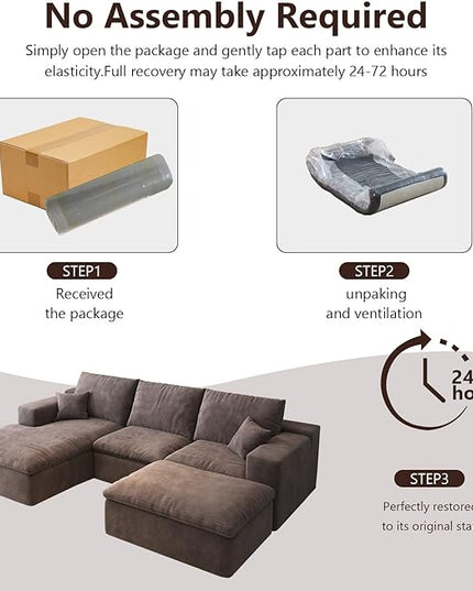 107'' U-Shaped Modern Modular Sectional Cloud Couch Whit Ottoman, 4-Seat Chenille Deep-Seat Sofa with Pillow for Living Room, Bedroom, Apartment, Camel