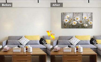 KZKU Rustic Daisy Canvas Wall Art-White Flowers on Weathered Wood Background- Large Modern Farmhouse Decor for Living Room Bedroom 20X40in