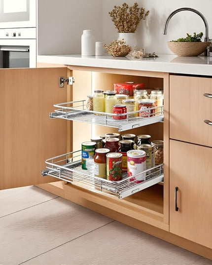 Cabinet Pull Out Shelves (17" W x 21" D), Heavy-Duty Premium Collection Slide Out Shelves, Metal Roll Out Shelves for Kitchen Cabinets, Anti-Rust Chrome Finish