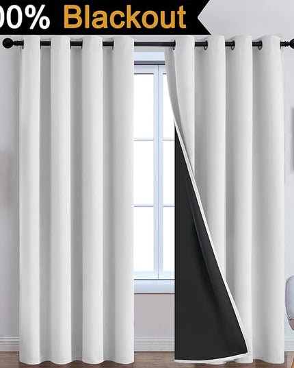 Yakamok 100% Blackout Curtains 96 Inches Long, 2 Thick Layers Heat and Full Light Blocking Soft Thermal Insulated Drapes for Bedroom(52" Wide Each Panel, Greyish White, 2 Panels)