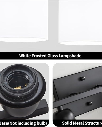2 Light Black Bathroom Light Fixture, Modern Bathroom Lights with Milky White Frosted Glass Shades for Mirror Living Room Bedroom Hallway E26 Base