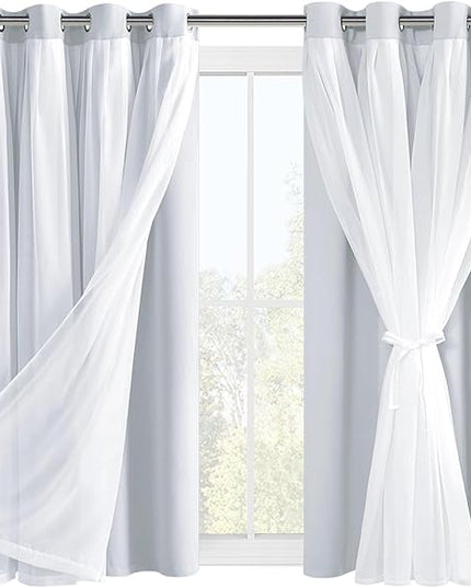 Hiasan Greyish White Blackout Curtains with Sheer Overlay, Grommet Thermal Insulated Mix & Match Double Layer Window Curtains for Girls Bedroom, Living Room, 2 Panels Sewn with Tiebacks, 52W X 54L