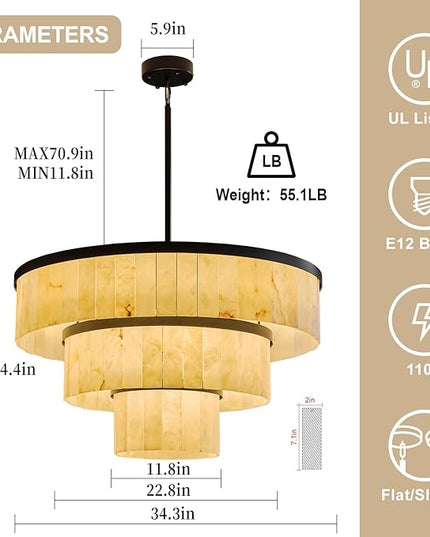 D34.3 Round Alabaster Chandelier, 3-Tier Brass Marble High Ceiling Chandeliers, Modern Dining Room Chandeliers Living Room Light for Entryways, Foyer, Stair, Kitchen Black(Include Bulbs)