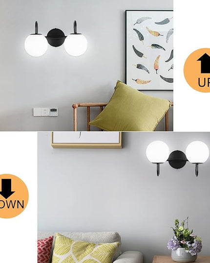 Mid Century Modern Vanity Lights for Bathroom, Black Metal Frame and Milk White Frosted Glass Globe, 2 Lights, Wall Sconce, 7.09"L x 7.09"W x 14.17"H