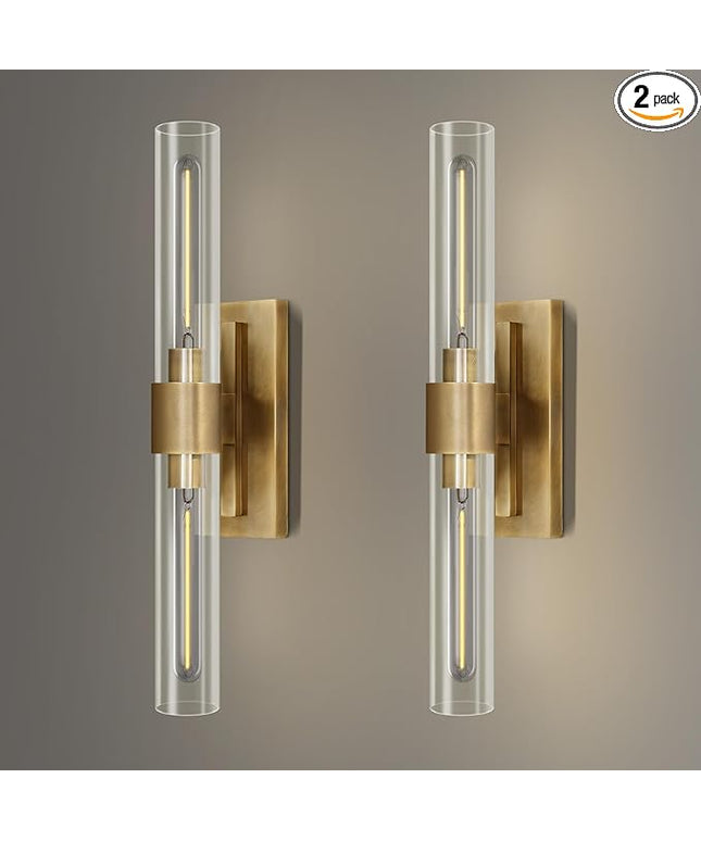 YUYI Brass Wall Sconces Set of Two, 22.8'' Gold Bathroom Sconces Wall Decor with Clear Glass Shade, Indoor Vanity Wall Lights for Bathroom Living Room Bedroom Hallway Fireplace Staircase