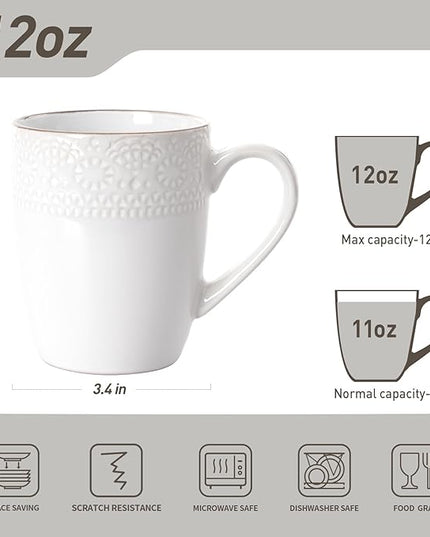 famiware Coffee Mugs Sets for 4, 12 oz Mug Set, Coffee Cups with Handle for Coffee, Tea, Cocoa and Milk, Microwave and Dishwasher Safe, White Floral