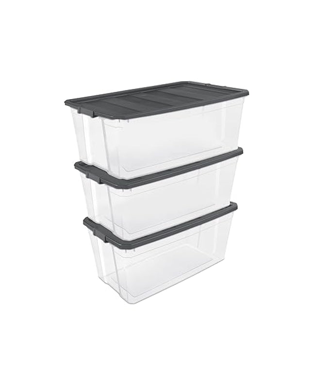 Sterilite 3-Pack Modular Stacker Box, Durable Clear Plastic Storage Bins with Latching Lids, 200 Quart - Stackable Organizing Container Boxes for Closet, Bathroom, and Office