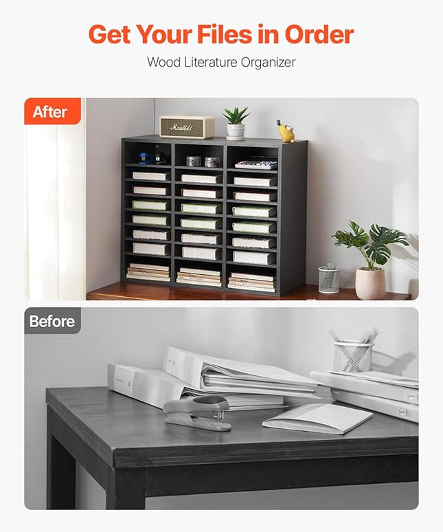 VEVOR Literature Organizer, 24 Compartments Office Mailbox with Adjustable Shelves, Wooden Mailbox Sorter Medium Density Fiberboard Office Home Classroom Storage for Files, Documents, Papers, Grey