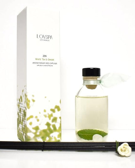 LOVSPA Reed Diffuser Set, Zen White Tea & Ginger Scented Oil Diffuser with Sticks, Home Fragrance Accessories for Bathroom Shelf Decor, Aroma Diffusers for Home or Office Desk, USA Made