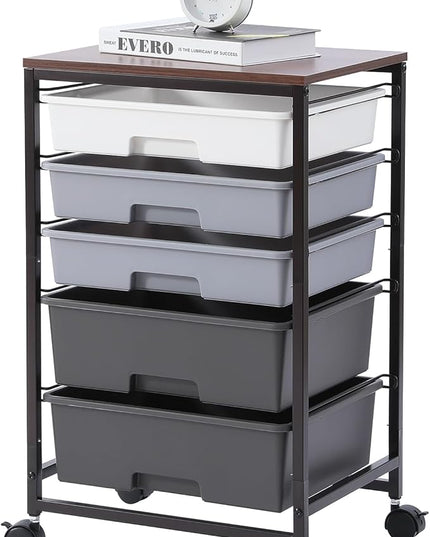 Utility Cart with 5 Drawers,Storage Drawer Cart with Wooden Tabletop and Lockable Wheels,Craft Storage Trolley Cart,5-Tier Rolling Utility Cart on Wheels,Dark Grey