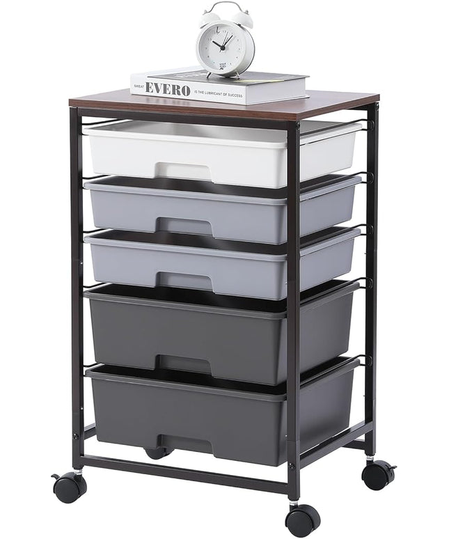 Utility Cart with 5 Drawers,Storage Drawer Cart with Wooden Tabletop and Lockable Wheels,Craft Storage Trolley Cart,5-Tier Rolling Utility Cart on Wheels,Dark Grey