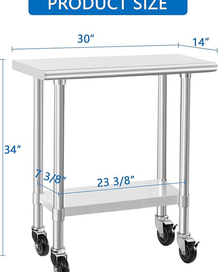 HARDURA Stainless Steel Commercial Table Prep & Work Table with Casters Heavy Duty Metal Table with Wheels NSF 430 14×30 Inches