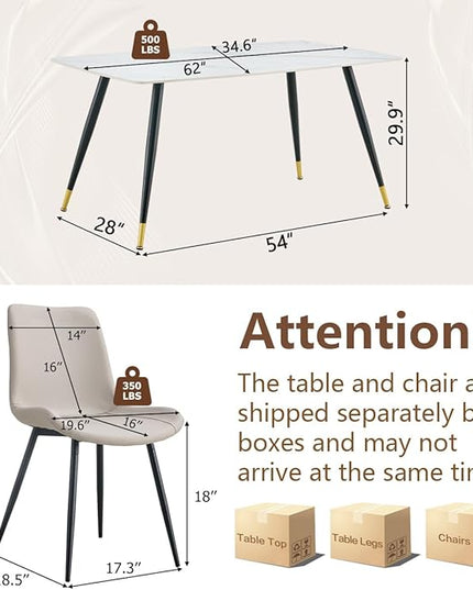 White Modern Dining Table Set for 4, 62'' Rectangular Sintered Stone Table with 4 Chairs