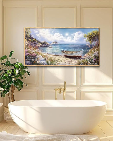 QIYILEXWART Wood Farmed Canvas Wall Art For Living Room Wall Decor For Bedroom Office Wall Decoration The Sea Boat Landscape Painting Farmhouse Pictures Artwork Room Aesthetic Home Decor 20x40 In