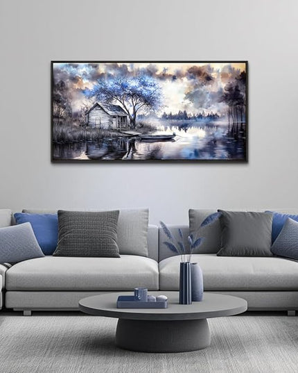 ERQINHUA Wall Art For Living Room Canvas Wall Decor For Bedroom Office Decoration Blue Tree Lakeside Landscape Painting Art Print Modern Beach Posters Ready To Hang Home Decor Black Frame 20"x40"