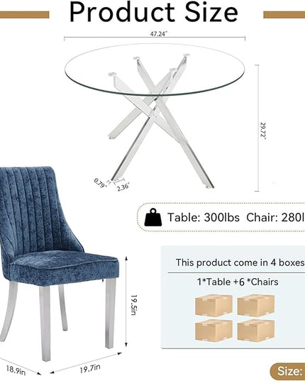 Round Glass Dining Table Set for 6, 47'' Clear Circular Kitchen Table and Chairs Set, 7PCS Modern Circle Dining Room Table Set with 6 Dining Chair for Home