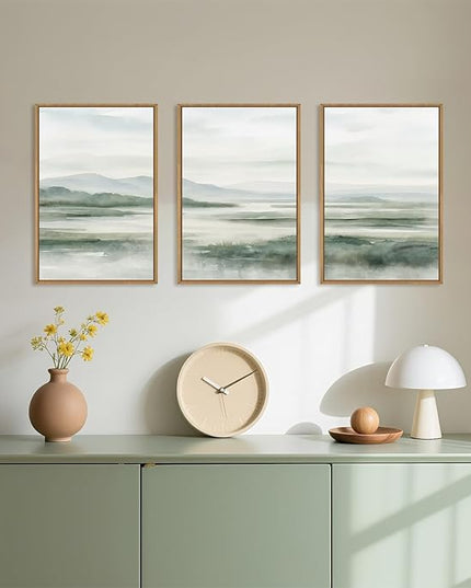 HOURIA Large Watercolor Misty Green Mountain Framed Canvas Wall Art,Neutral Brush Stroke Wall Decor,Modern Landscape Artwork,Nature Minimalist Art Print for Living Room,Bedroom,Office-24 x36 x3