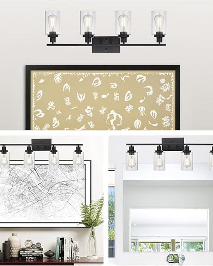 MELUCEE 4 Lights Sconces Wall Lighting Black with Clear Glass Shade, Industrial Bathroom Light Fixtures Vanity Lights Porch Light Fixtures Wall Mount (Patent No.: US D963914 S)