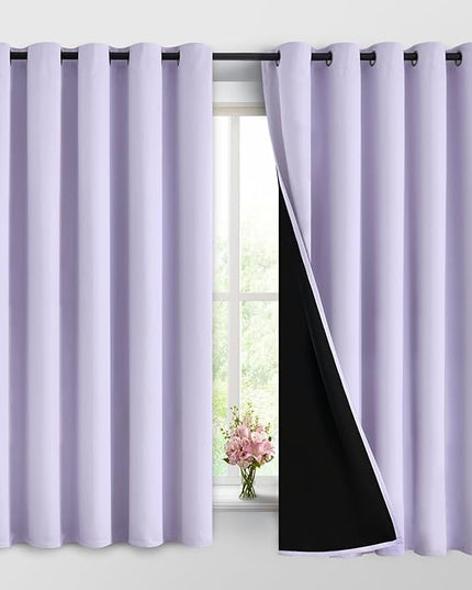 Yakamok 2 Thick Layers 100% Completely Blackout Window Curtains,Thermal Insulated Noise Reducing Drapes for Girl's Bedroom(62Wx63L, Lilac, 2 Panels)