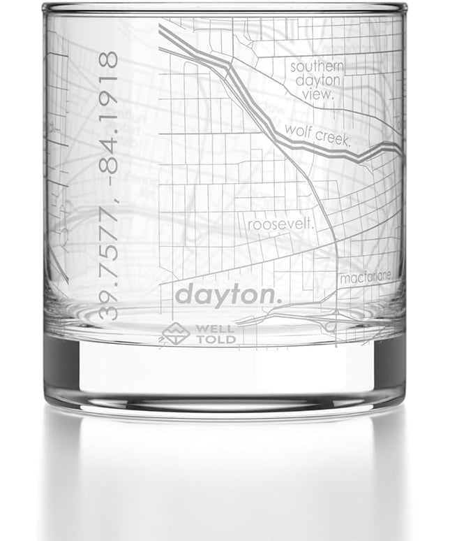 Well Told Engraved Dayton Ohio Map Rocks Glass, Old Fashioned Glassware (11 oz, Clear) Etched Bourbon Tumbler, Gifts For Whiskey Lovers