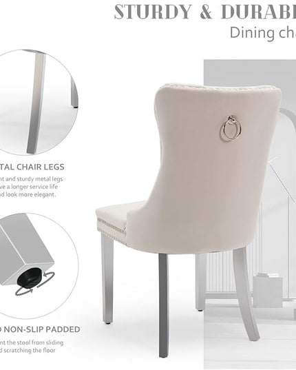 SoarFlash Velvet Dining Chairs Set of 4, Tall Back Side Chair, Modern Upholstered High-end Tufted Side Chair with Button Back Ring, Silver Legs (Beige)