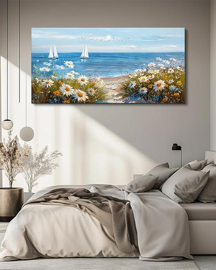 PHAOHUAXM Home Decor Printing Canvas Picture Blue Ocean Landscape Painting Wall Art For Living Room Farmhouse Dinin Mural White Flowers Bedroom Office Wall Decoration Artwork Easy To Hang 20x40 In