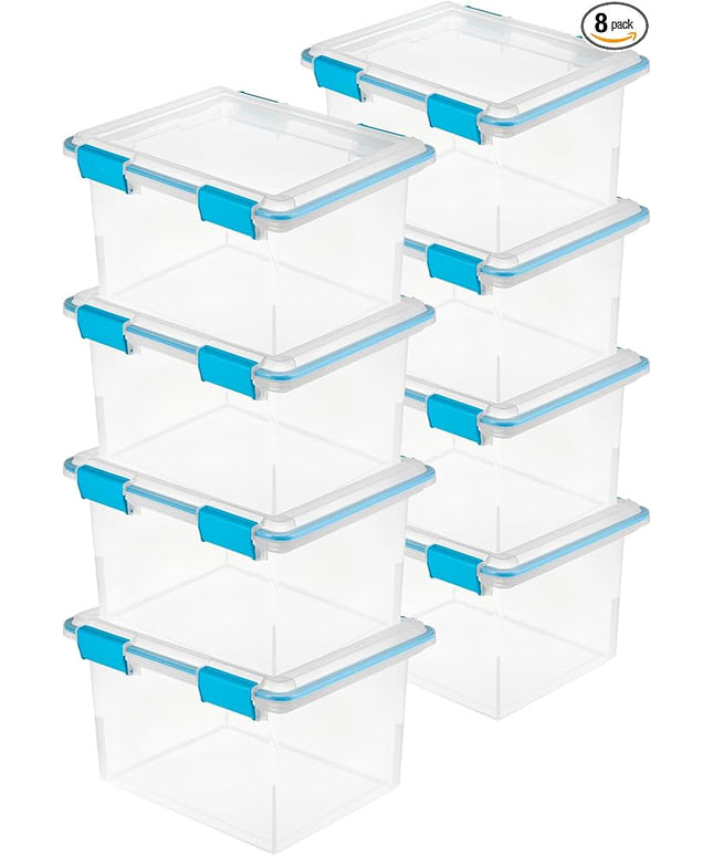 Sterilite 8-Pack Gasket Box, Weather-Resistant Storage Bins with Latching Lids, 32 Quart - Heavy-Duty Organizing Containers for Closet, Bathroom, and Office