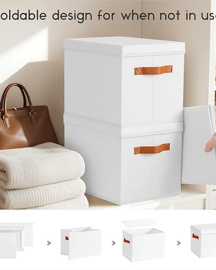 Storage Bins with Lids - Fabric Storage Baskets for Shelves, 4 Pack Foldable Decorative Boxes with Handles, Stackable Organizer Bins for Home, Nursery, Dorm, White