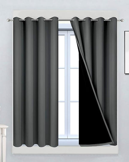 Yakamok Dark Gray 100% Blackout Curtains, Energy Saving Thermal Insulated 2 Thick Layers Total Blackout Drapes with Black Liner for Bedroom (52Wx45L,Dark Grey, 2 Panels)
