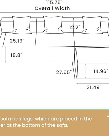 POVISON 115" Modular Sectional Sofa for Living Room Modern Large Sectional Couche Velvet L Shaped Deep Seat Sofa Set 3 Seats with Reversible Ottoman Oversized Big Comfy Cloud Couch for House Office