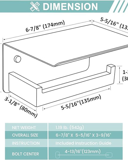 Suyar Toilet Paper Holder with Shelf Matte Black, SUS 304 Stainless Steel Wall Mounted Tissue Holder Phone Shelf for Bathroom
