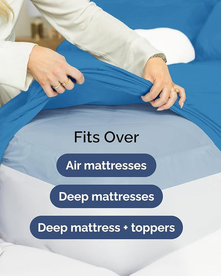 Extra Deep Split King Sheet Set - 7 Piece Breathable & Cooling Sheets - Hotel Luxury Bed Sheets Set - Easy Fit - Soft, Wrinkle Free & Comfy Sheets Set - Denim Blue Sheet Set with Extra Deep Pockets