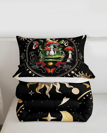 Mushroom Kids Comforter Set Twin Size,Sun Moon Starry Sky Galaxy Romantic Bedding Set,Girls Boys Adults Bedroom Decor,Butterfly Snake Boho Trippy Down Comforter,Colorful Duvet Insert,1 Pillowcase