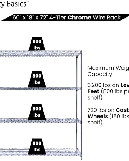 NSF Commercial 4-Tier Wire Shelving with Wheels, 60"x18"x72" Heavy Duty Metal Shelves 3200 lbs Max Capacity, Chrome Storage Rack for Garage Kitchen Pantry Warehouse