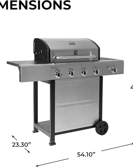 Kenmore 4-Burner Gas Grill with Side Burner, Outdoor BBQ Grill, Propane Gas Grill, Cast Iron Cooking Grates, Electronic Ignition, Warming Rack, Open Cart Design, 53000 BTUs, Stainless Steel