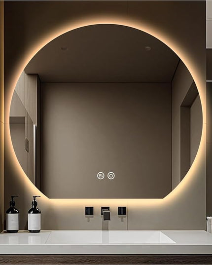 28" x 32" Half Moon Round LED Bathroom Mirror for Wall, Irregular LED Mirror with Anti-Fog, 3-Color Dimmable, Semi Circle Frameless Vanity Mirror, Explosion-Proof, CRI≥93
