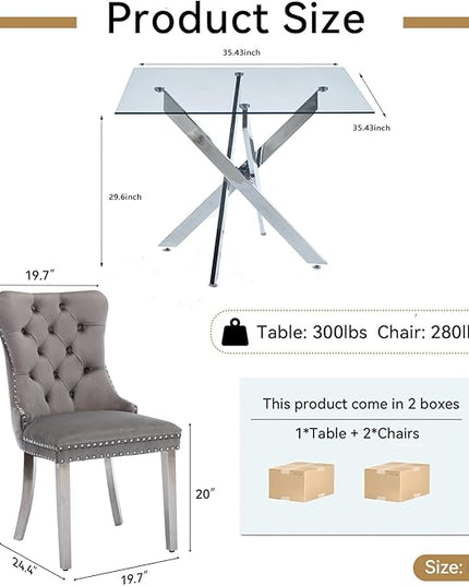 Glass Dining Table Set for 2, Square 36" Dining Table with Silver Cross Metal Leg, 2 Gray Velvet Dining Chairs with Stainless Steel Legs, Modern Glass Kitchen Table and Chairs Set for Small Space