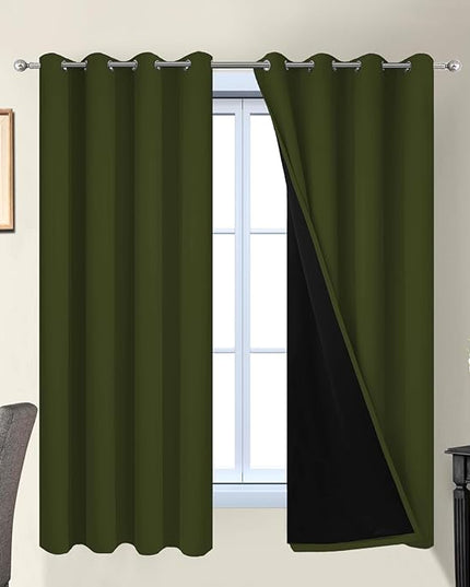 Yakamok Green 100% Blackout Curtains, Total Blackout Lined Curtain Panels for Bedroom, 2 Thick Layers Grommet Top Thermal Insulated Blackout Drapes for Living Room(52Wx63L, Olive Green, 2 Panels)