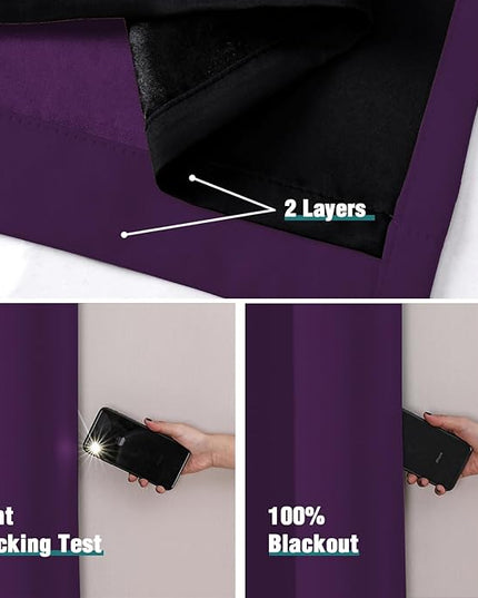 ChrisDowa 100% Blackout Curtains for Bedroom with Black Liner, 2 Thick Layers Total Blackout Thermal Insulated Grommet Window Curtains 2 Panels Set (Royal Purple, 42 x 84 Inch)
