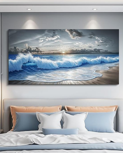 PHAOHUAXM Large Canvas Wall Decor For Living Room Wall Art For Bedroom Office Dining room Decor Modern Black White And Blue Ocean Wave Painting Printed Artworks Wall Pictures Home Decor 24"X48"